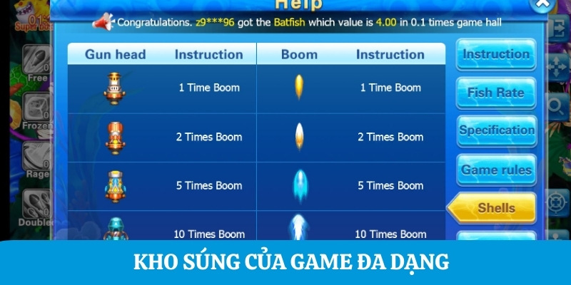 Các loại súng đa dạng trong game săn cá