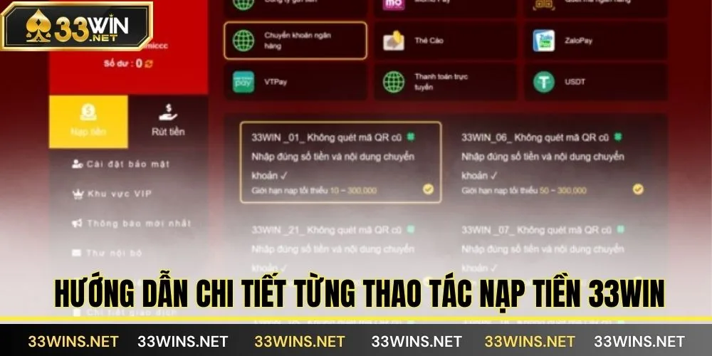 Hướng dẫn chi tiết từng thao tác nạp tiền 33WIN